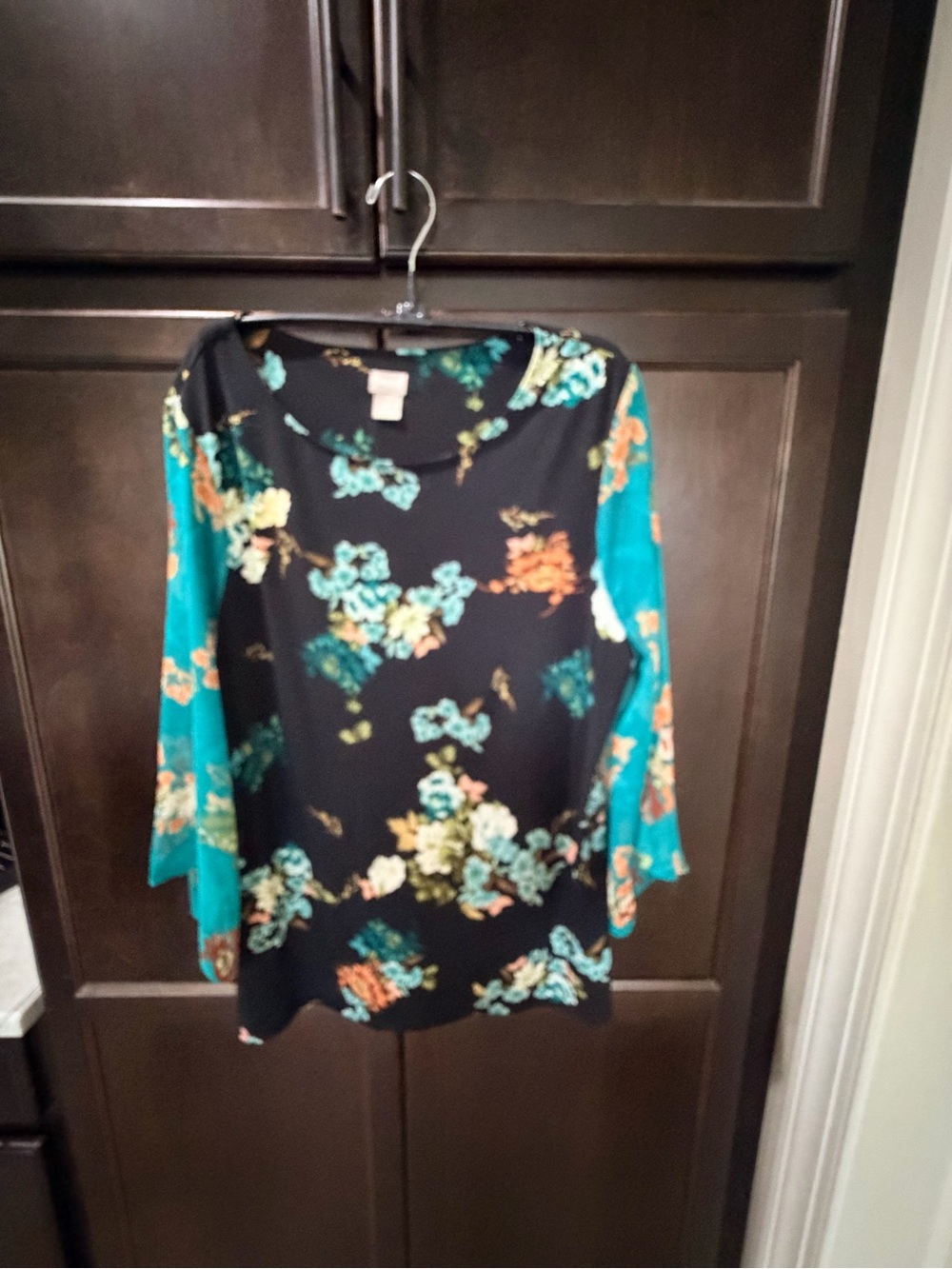 Chico's Black Tunic with Teal & Coral Floral Print